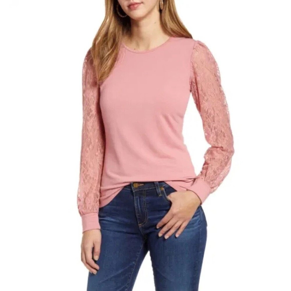 Notations Blouse Top Women’s Small Blush Pink Sheer Lace Long Sleeve Casual NWT